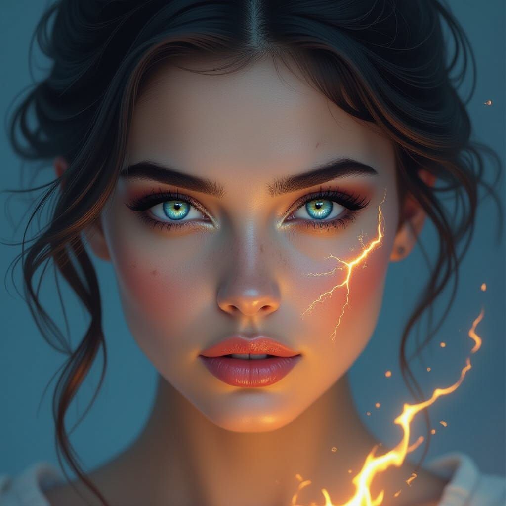 Woman's Eyes Reflecting Storm, Ethereal Fire