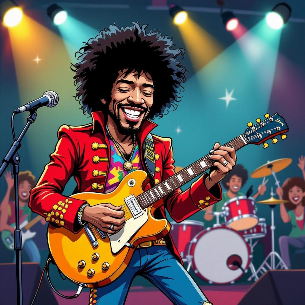 Cartoon Jimi Hendrix Rocks a Lively Stage