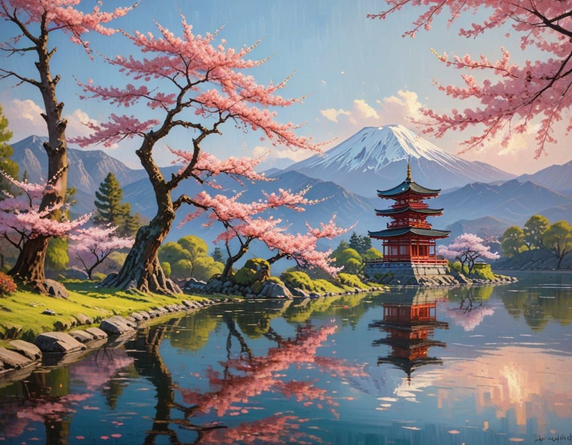 Ancient Sakura Tree in Serene Japanese Landscape