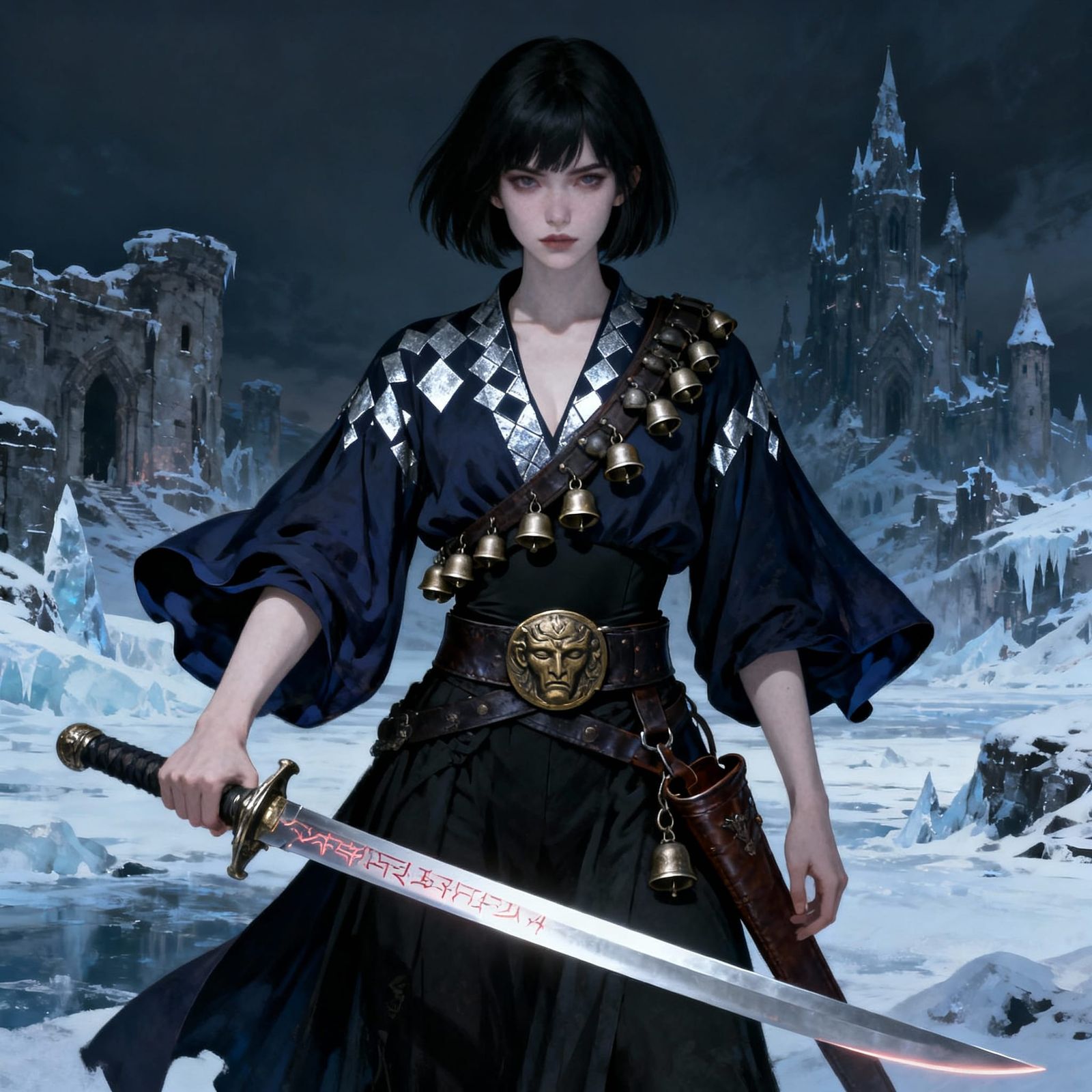 Dark Fantasy Warrior Woman with Bells and Sword