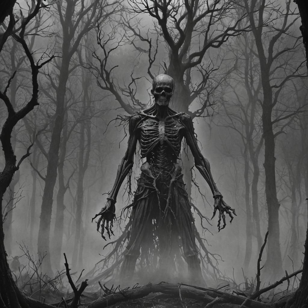 Eerie Spirit in Foggy Forest, Charcoal Illustration