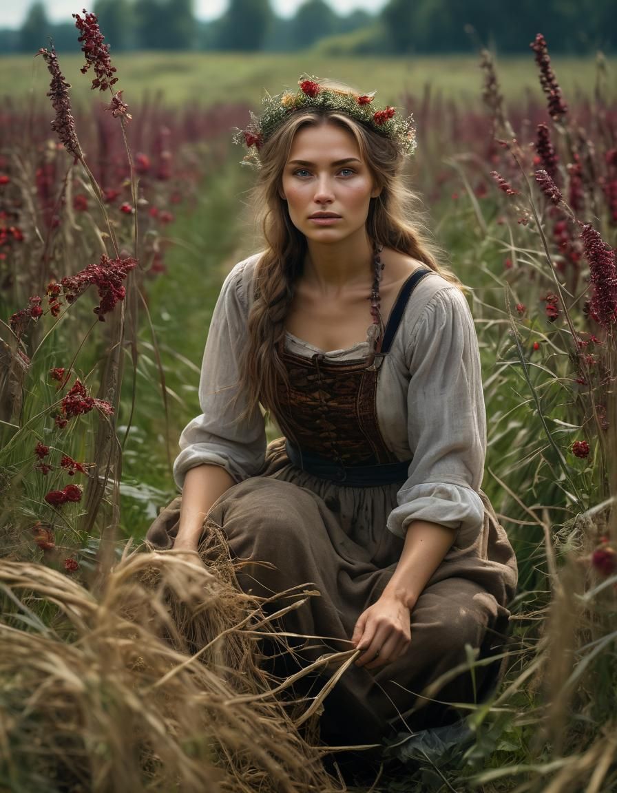 Ethereal Slavic Peasant Woman in Summer Field