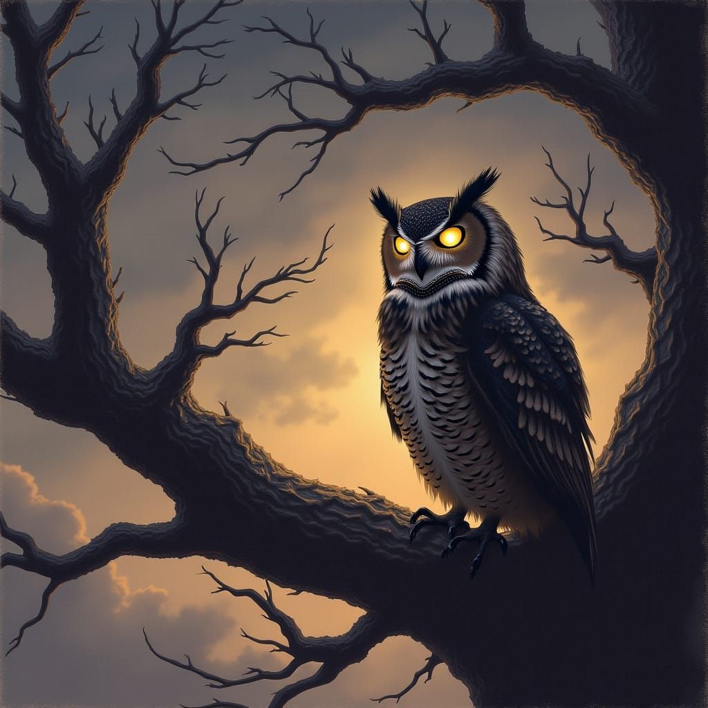 Majestic Owl Silhouette Against Stormy Twilight Sky