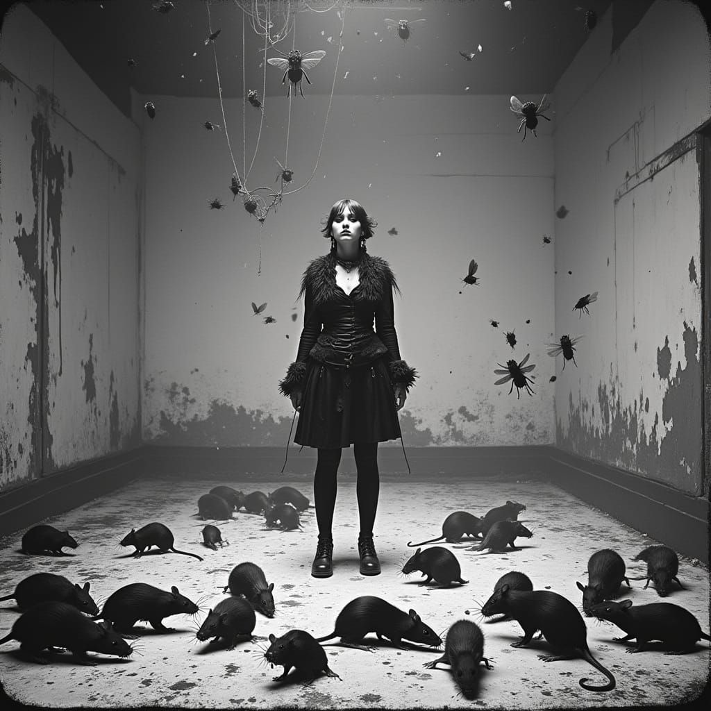 Goth Fashion Model Amidst Giant Rats and Birds in Neon-Lit C...