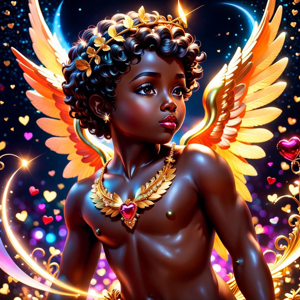 Hyperrealistic Cupid in Shimmering Romantic Entwinement