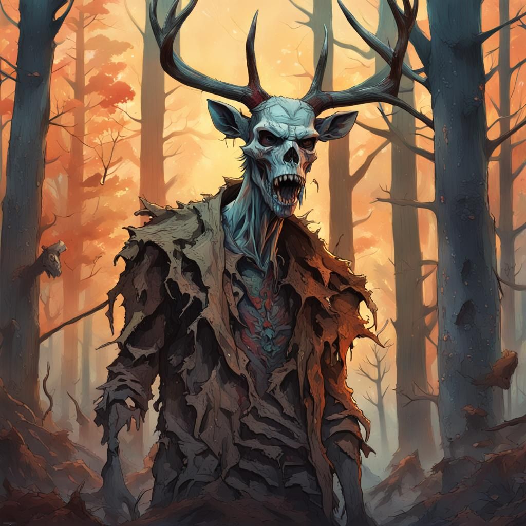Detailed Wendigo in Woods: Hyperrealistic Splash Art