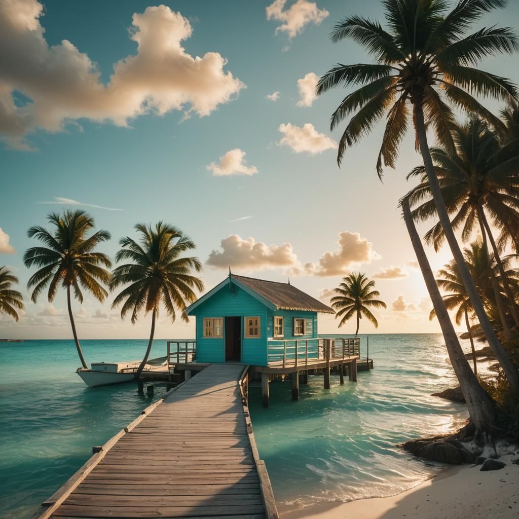 Bahamas Beach Hut With Dolphin, in Cinematic Style