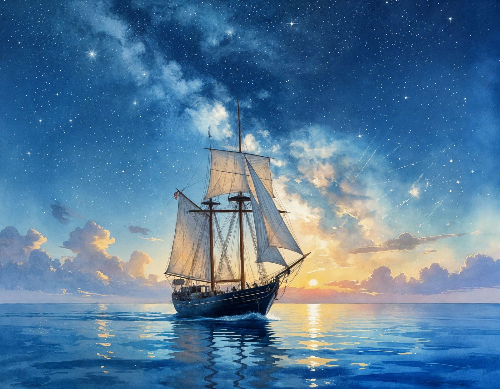 Starry Skies: Majestic Ship in Watercolor Style