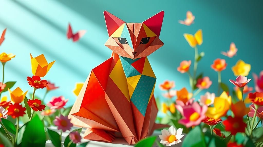 Origami Cat in a Colorful Paper Garden