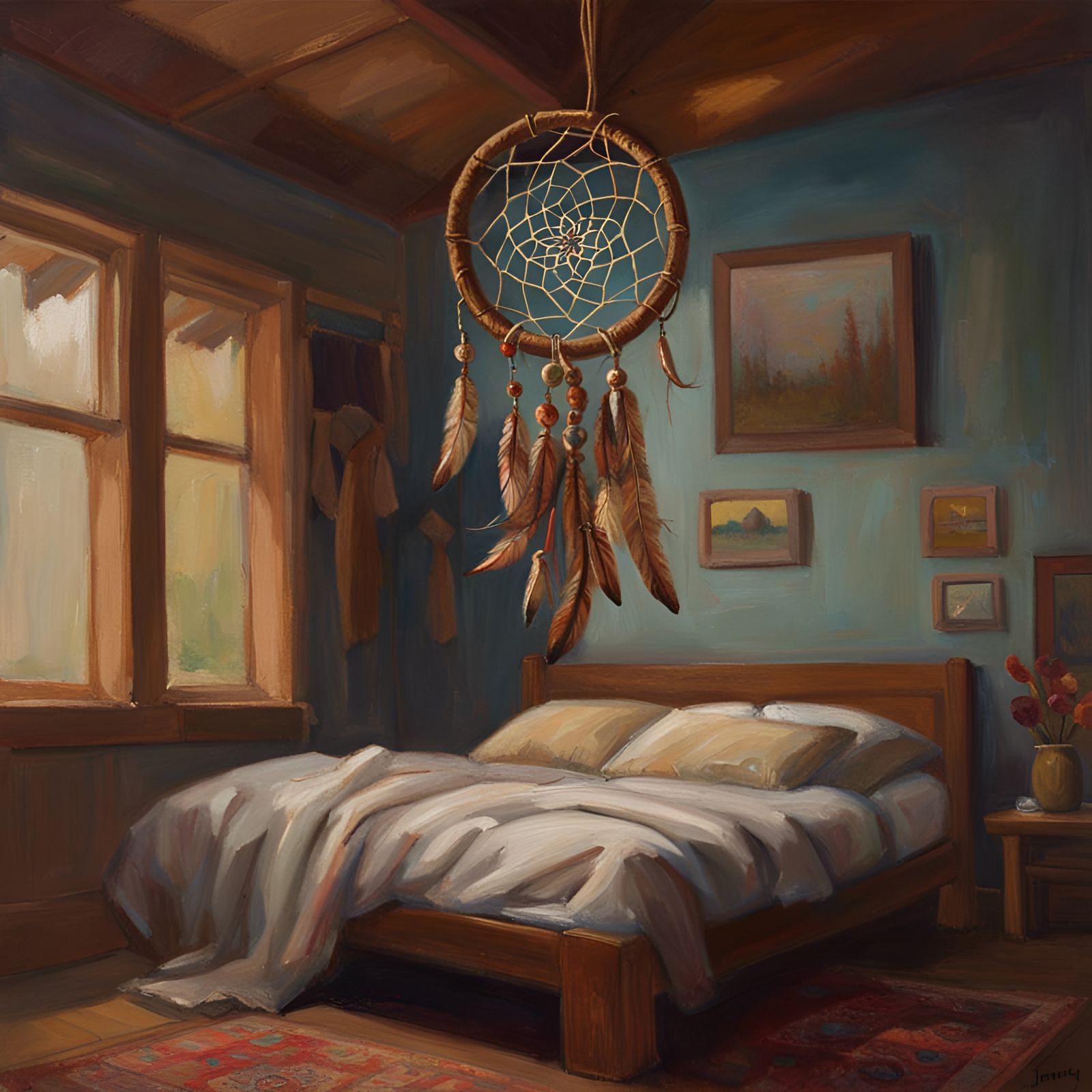 Dreamcatcher Above Empty Bed in Oil Painting Style