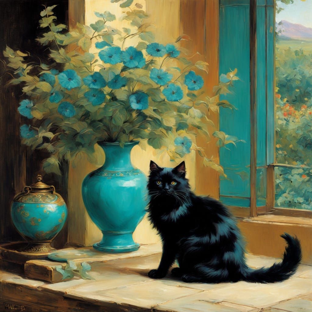 Black Cat with Vase in Pre-Raphaelite Anime Style