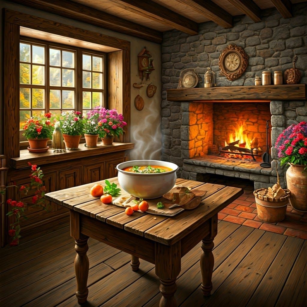 Rustic Kitchen Still Life with Vegetable Soup