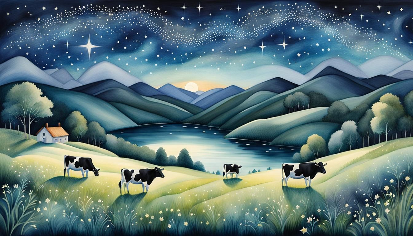 Magical Starry Summer Night Watercolor Painting