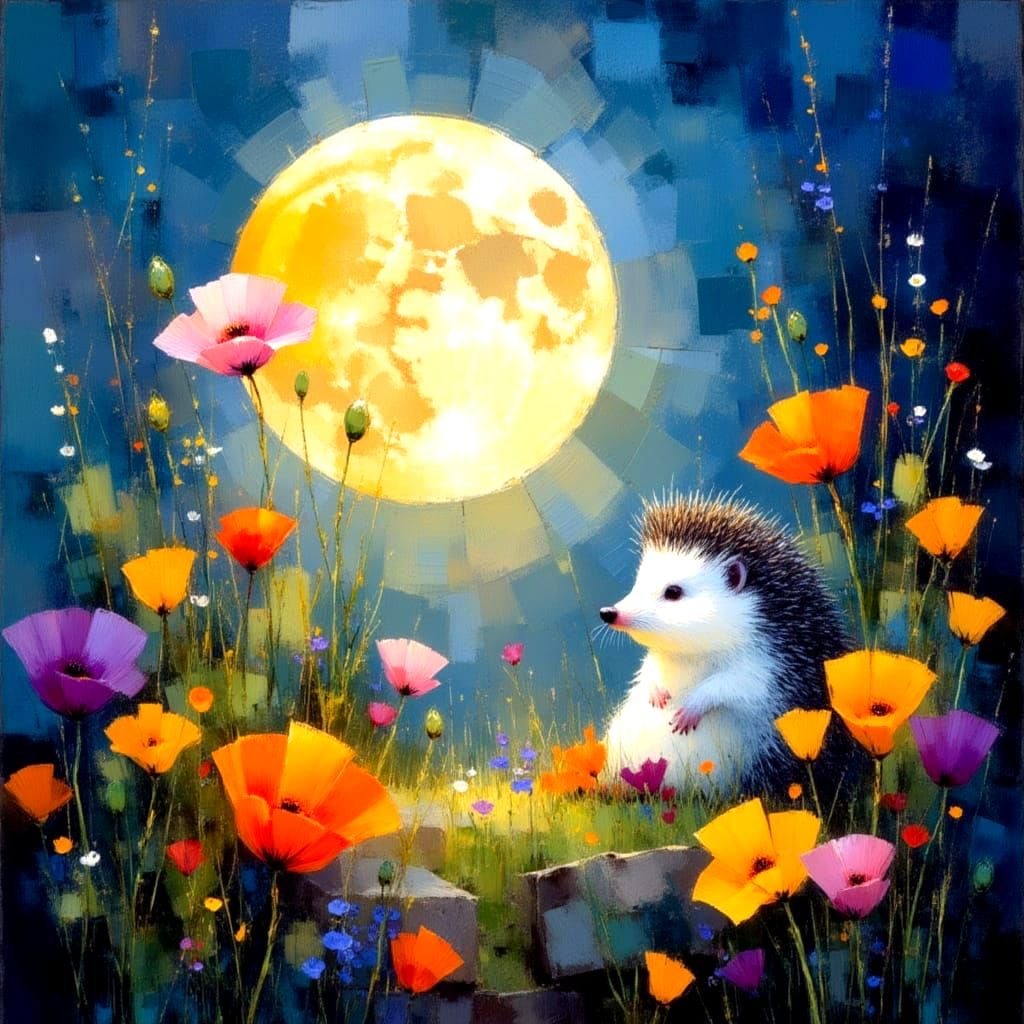 Surreal Full Moon Scene with Vibrant Blooms and Whimsical He...