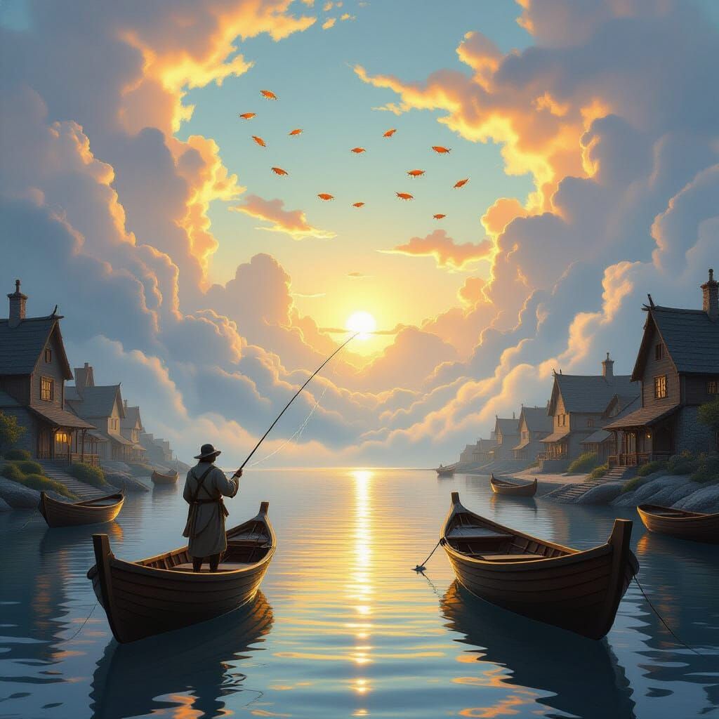 Fantasy Fishing Village Merges With Sky-Realm at Sunrise