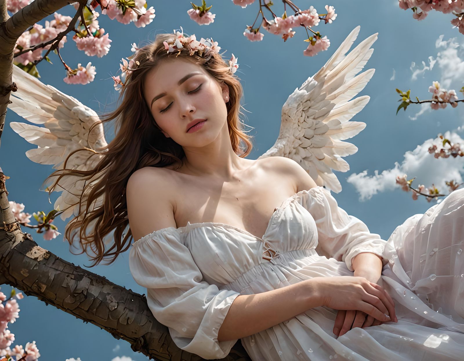 Angel Sleeping in Cherry Tree Dreamscape