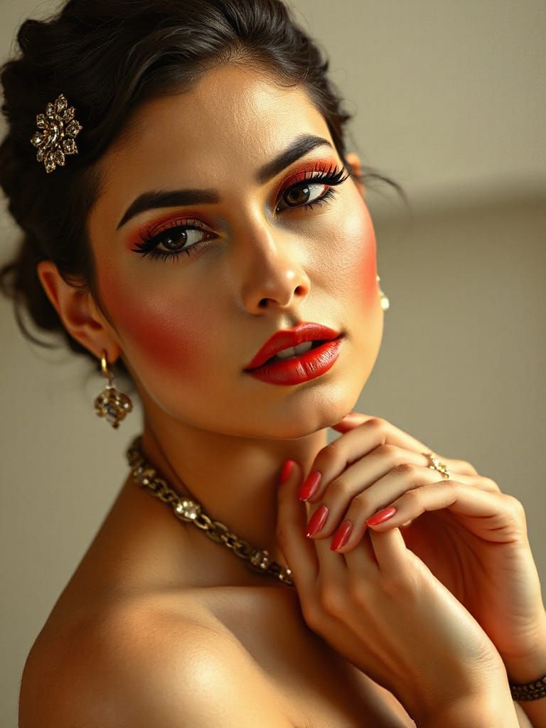 Elegant Brunette Femme Fatale Portrait in Watercolor Style