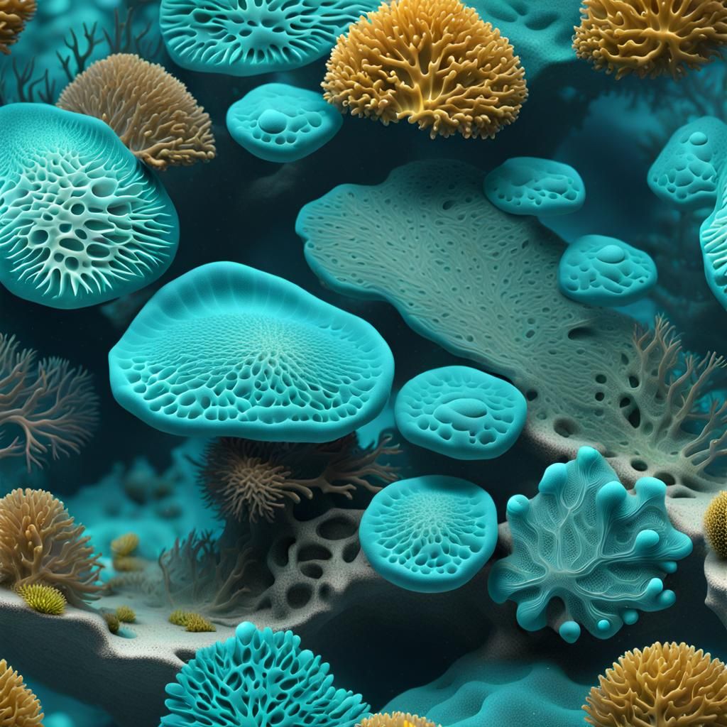 Turquoise Amoebas in Microscopic Biotope: 3D Render