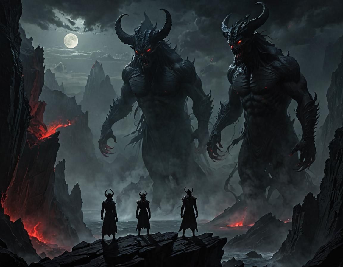 Demonic Figures Under Floating Whale in Dreamlike Sky