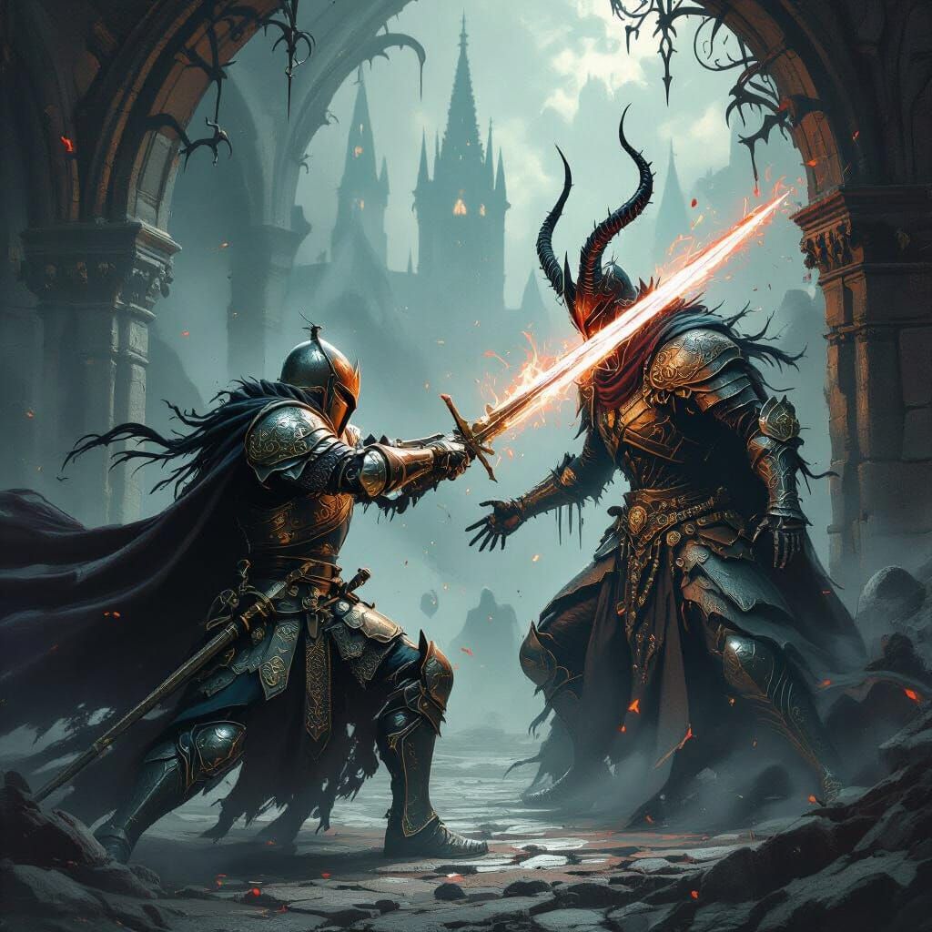 Knight vs Necromancer Tattoo Template in Gothic Style