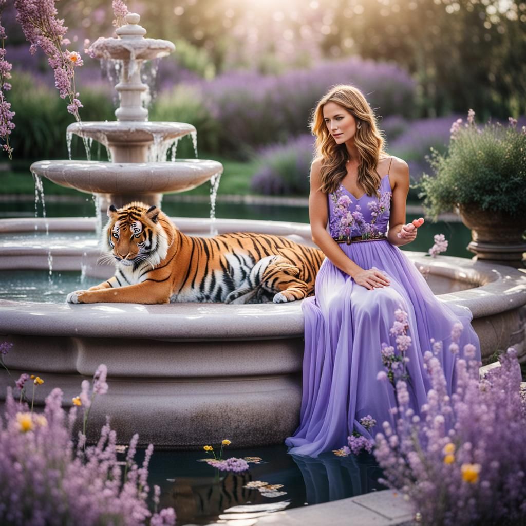 Woman with Tiger at Floral Fountain