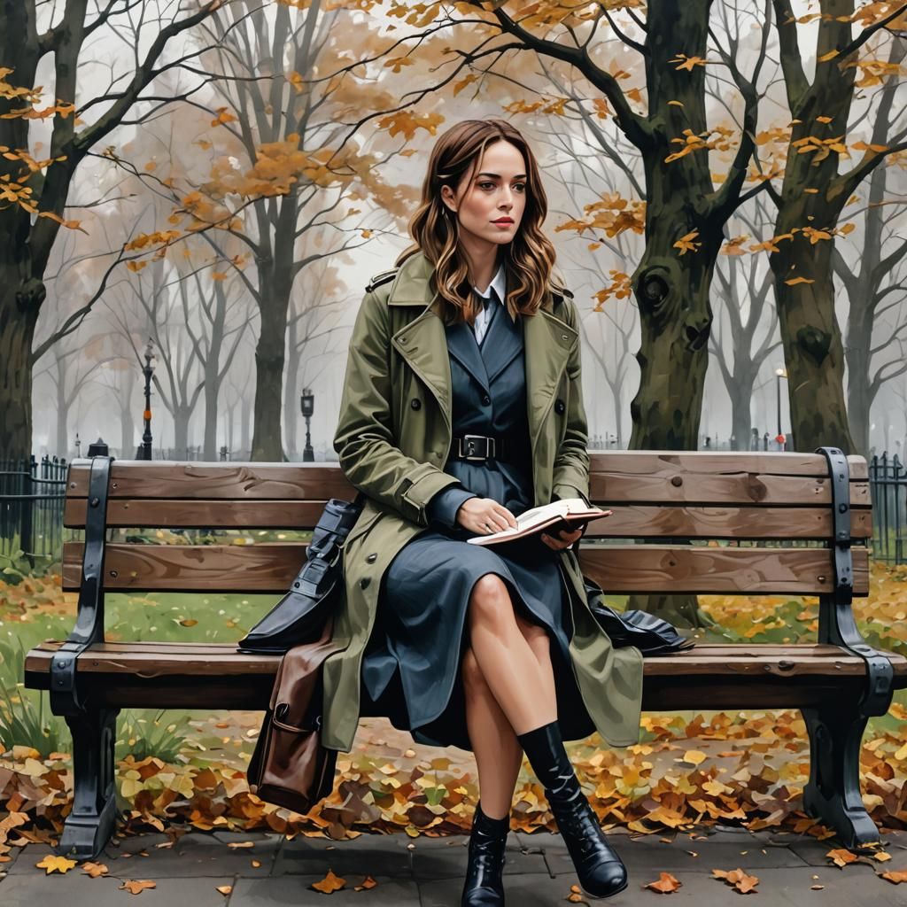 Emily Blunt on Park Bench in Fairytale Illustration