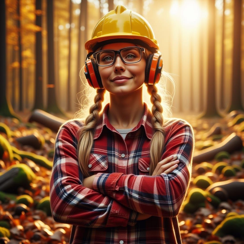 Woman in Hard Hat with Chainsaw in Autumn Forest