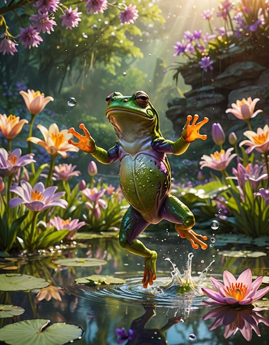 A frog jumps across a lily pad-filled pond.