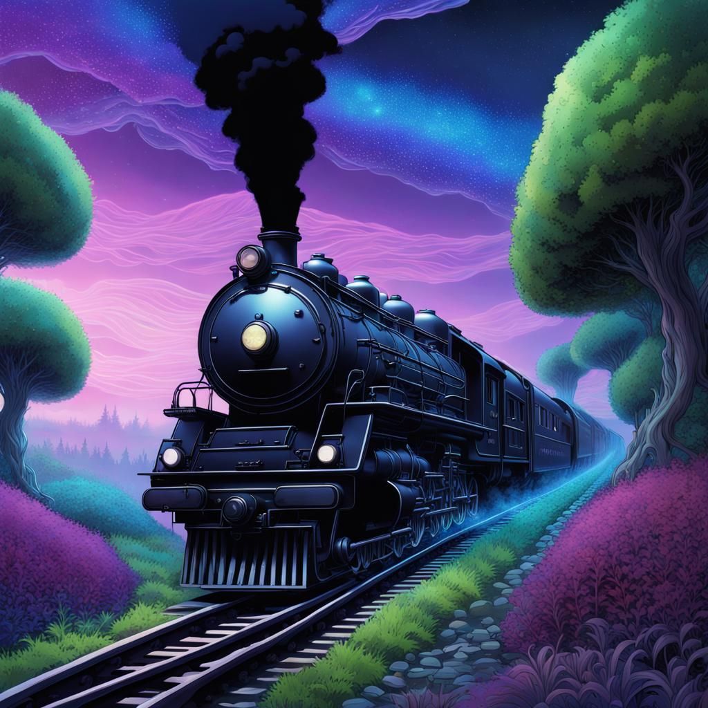 Black Train in Bioluminescent World: Anime Cel-Shaded Style