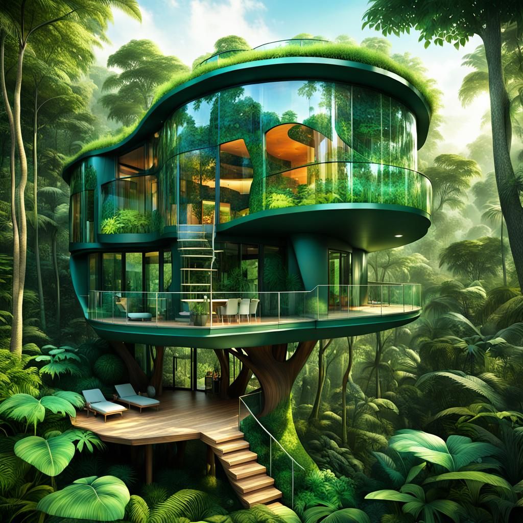 Jungle vacation treehouse in an abstract shape
