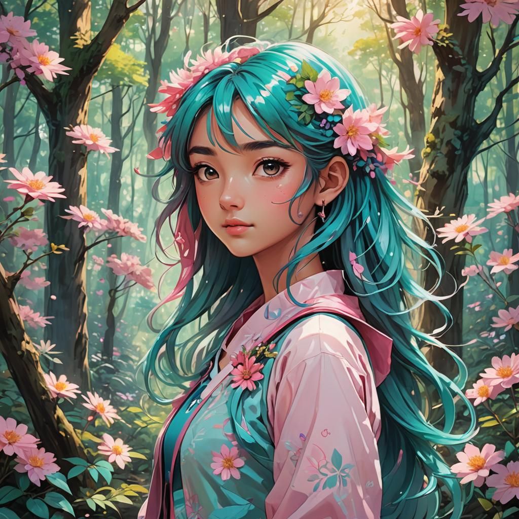 Vibrant Manga Portrait of Xochitl in Forest