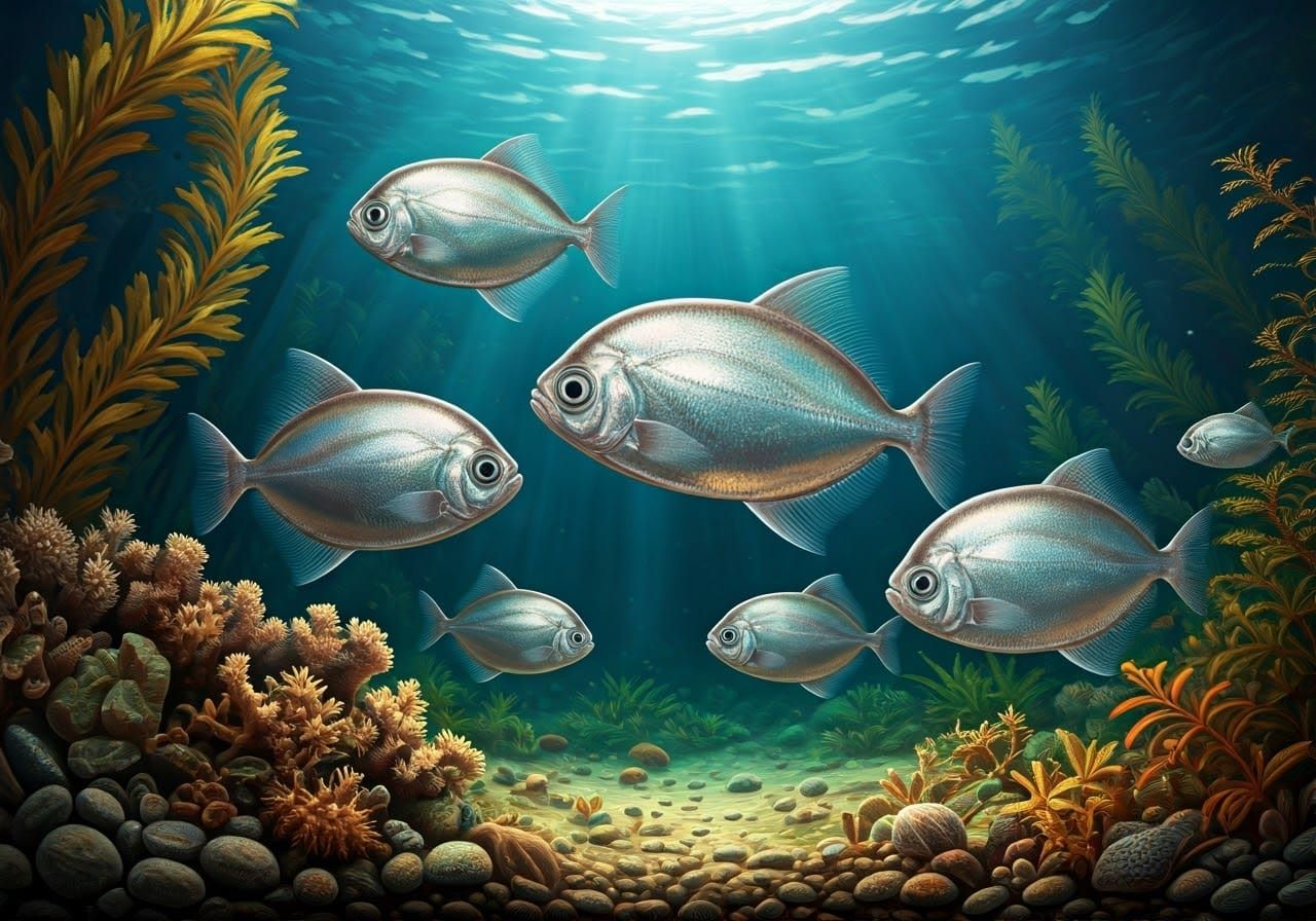 School of Silver Dollars in Realistic Underwater Scene