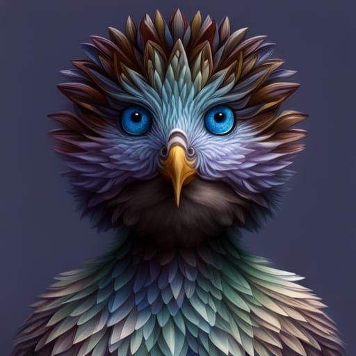 Cute Blue Bird with Fractal Flowers in Pixel Art