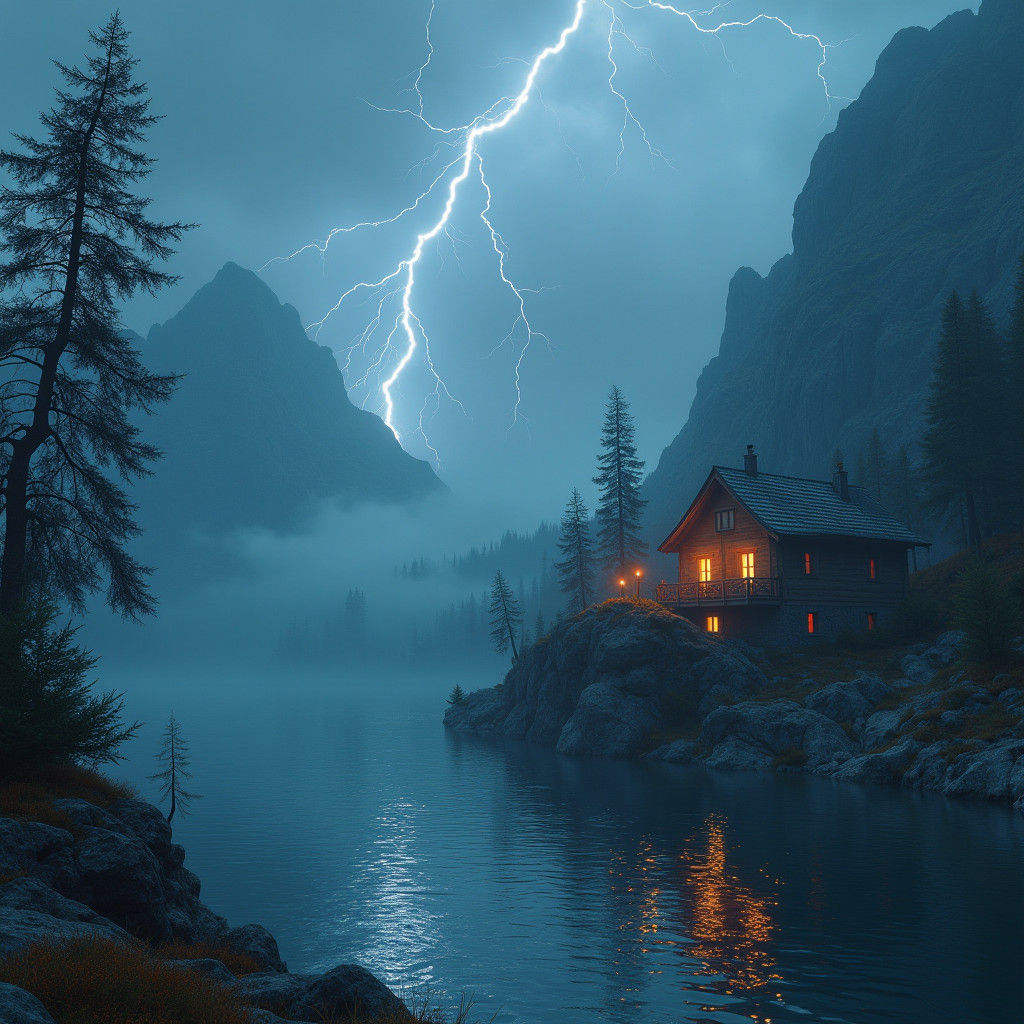 Misty Mountain Cabin in Lightning Storm