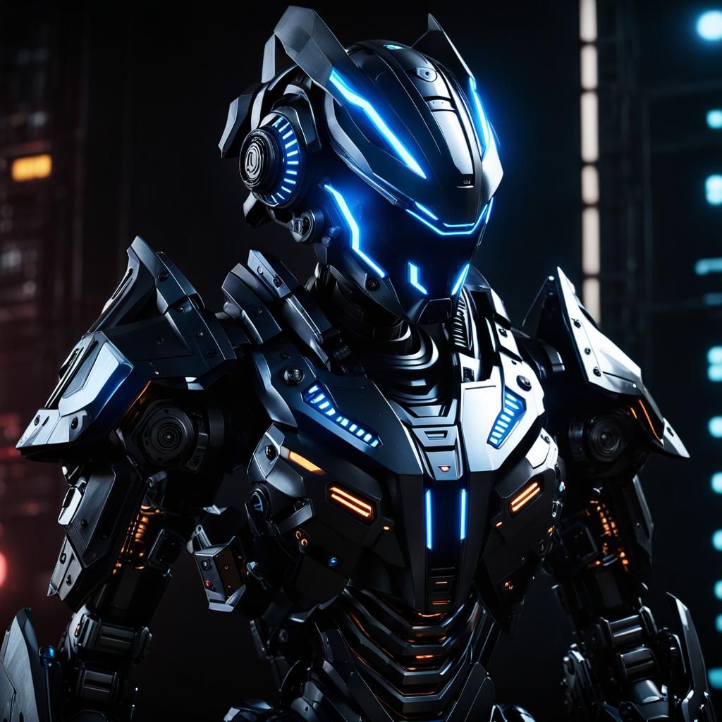 Cyberpunk Mechanical Armor in Dark Environment