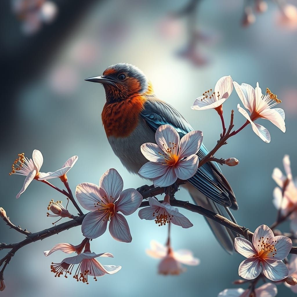 oil painting of majestic bird setting on tree branch full of...