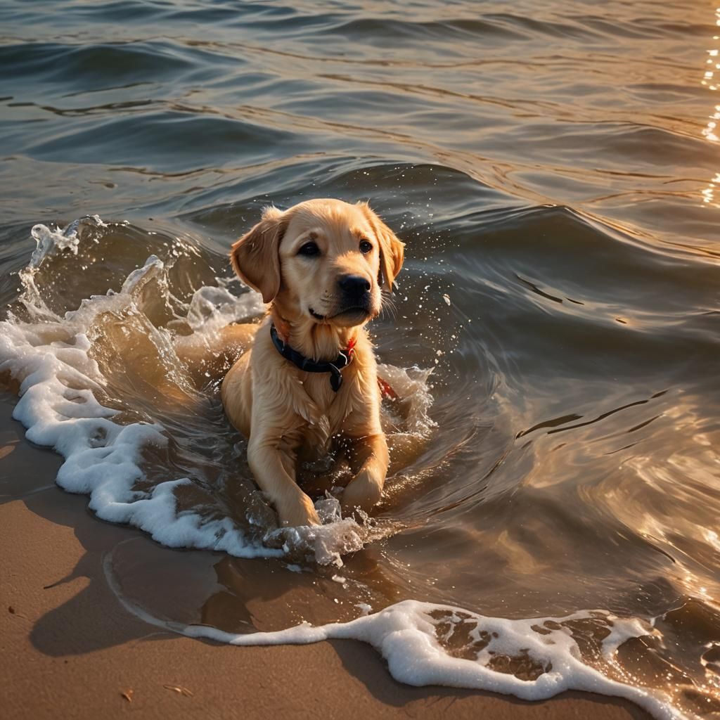 Golden Labrador Puppy Swimming at Sunset: Digital Matte Pain...