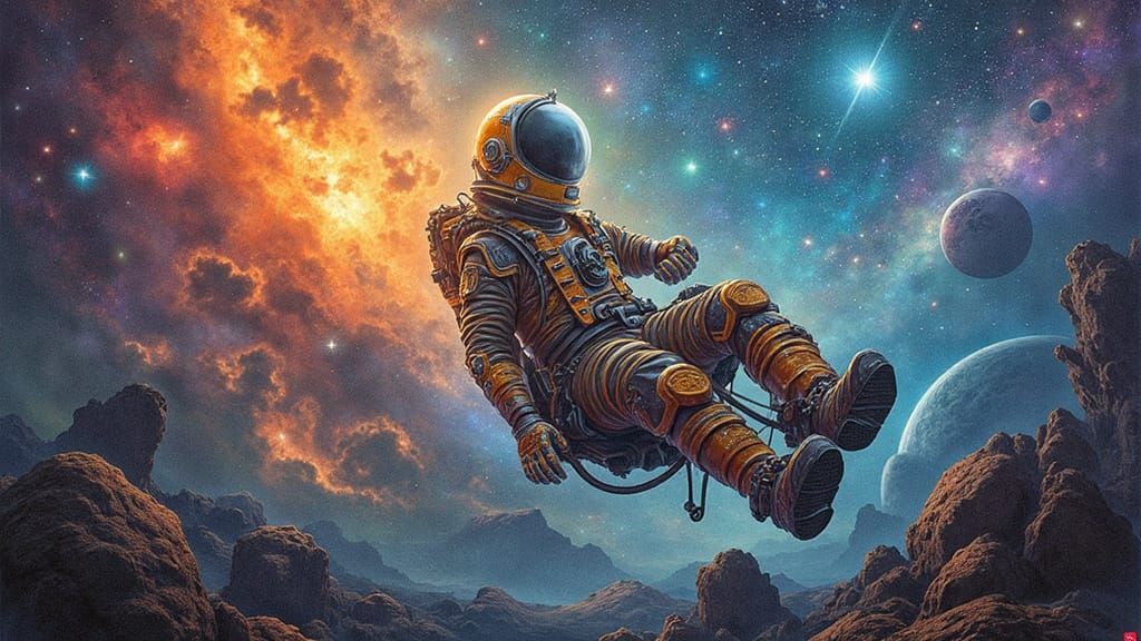 Cosmic Miner in Dreamy Nebula Landscape, in the Style of Jam...