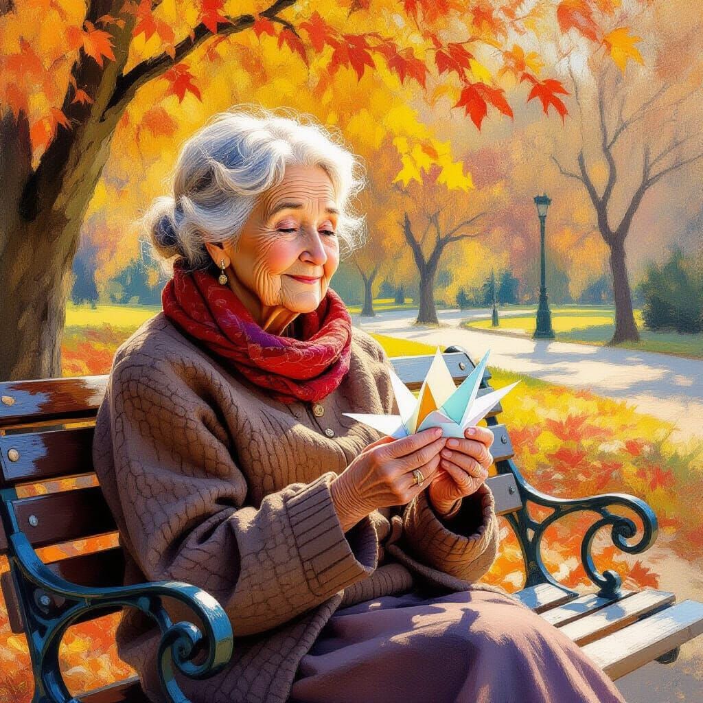 Elderly Woman with Origami Crane in Impressionistic Style