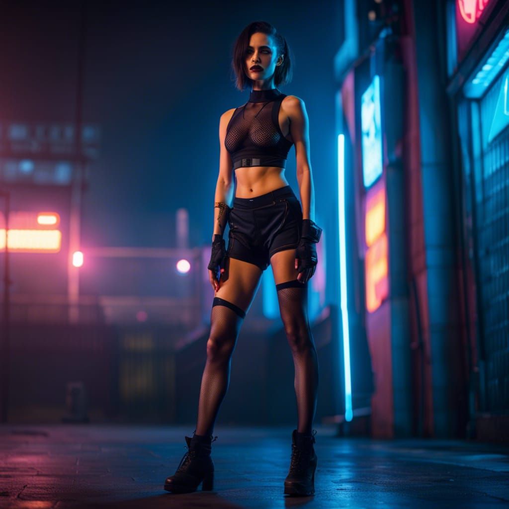 Cyberpunk Brunette Outside Club in Neon Style