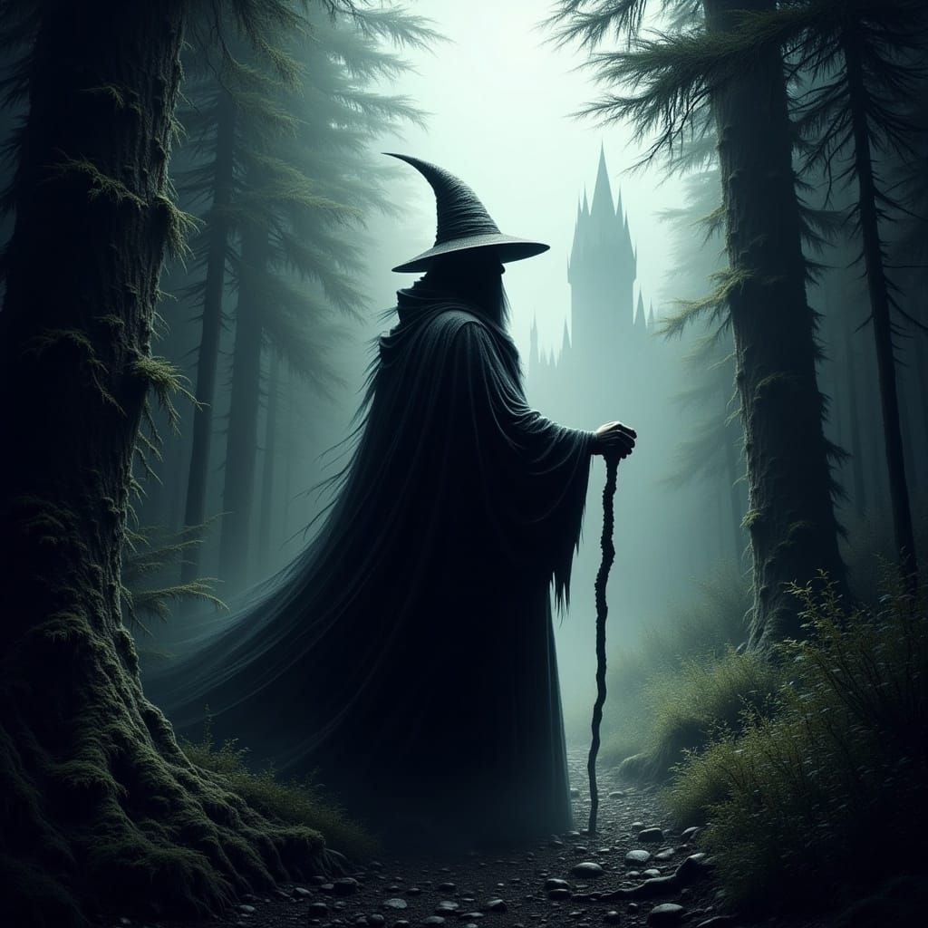 Eerie Wizard Casting Spell in Dark Forest