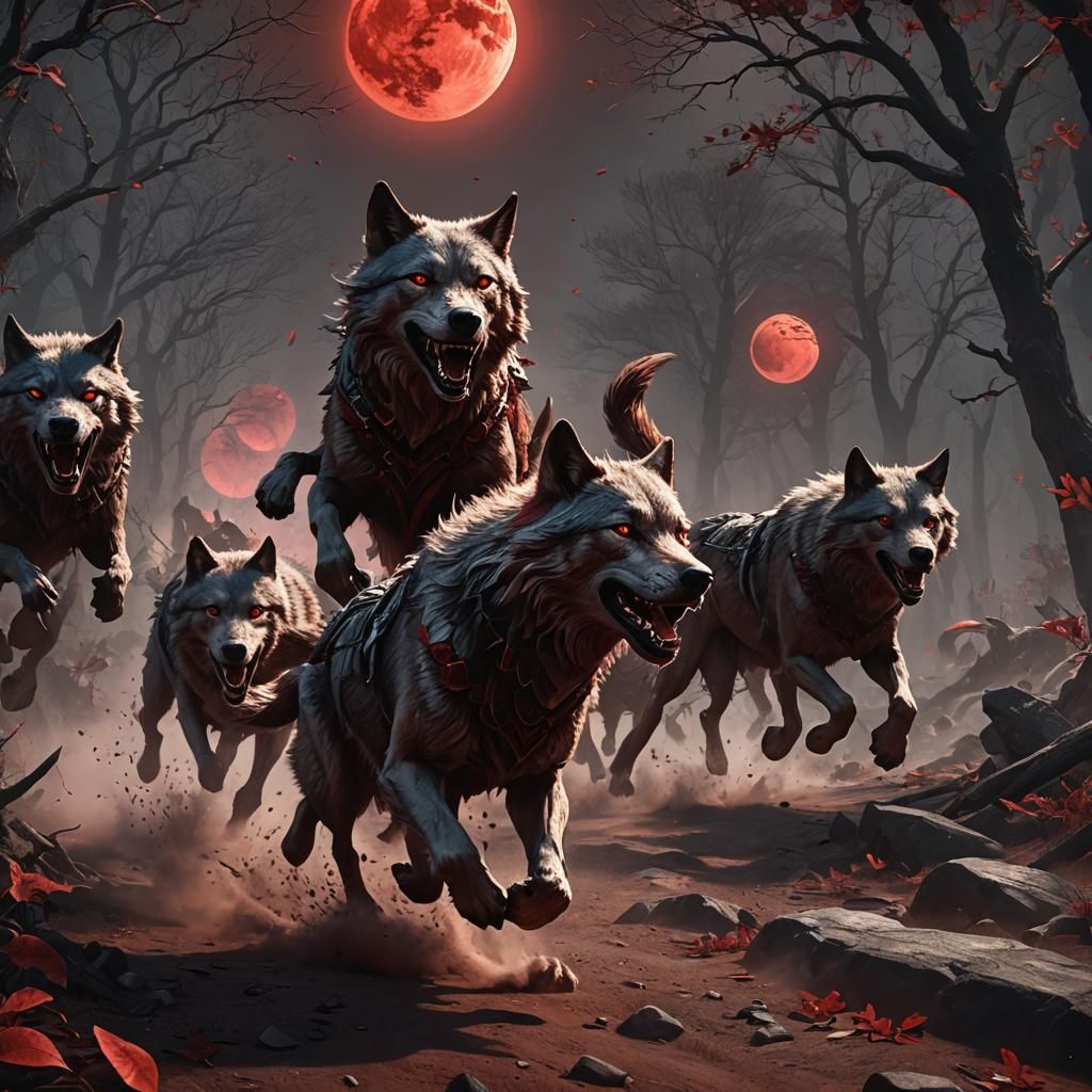 Blood Moon Wolves Running: Detailed Matte Painting