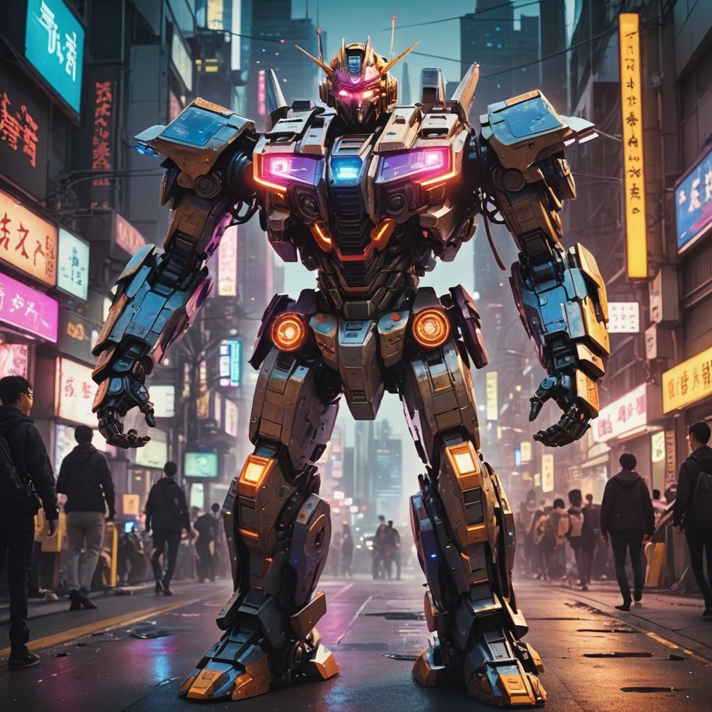 Futuristic Mecha Robot in Neon Cityscape
