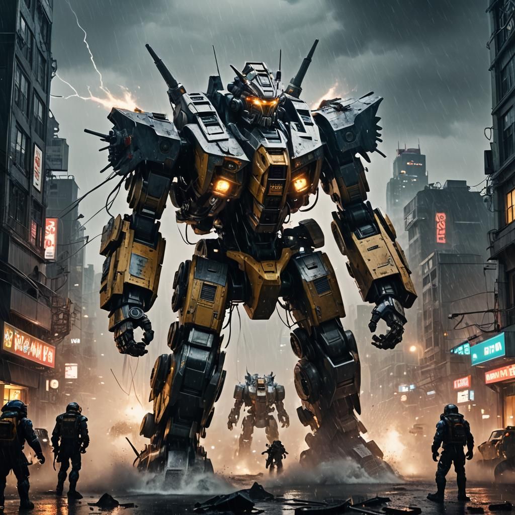Futuristic Mecha Clash in Stormy Cityscape