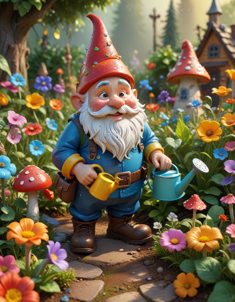 Pixar-Style Gnome Tending Vibrant Garden in Dreamy 3D Animat...