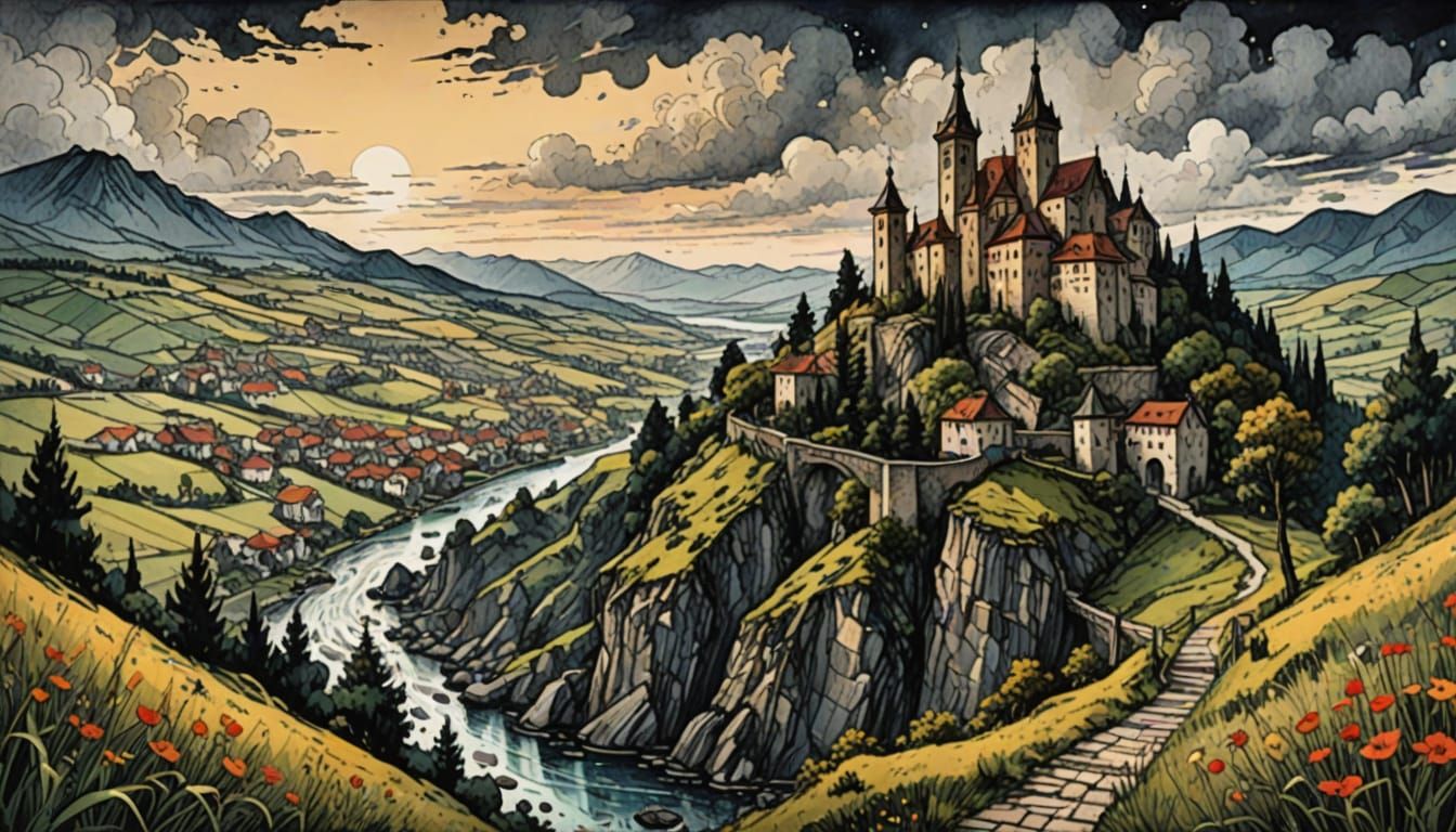 Muted Landscape in Ink Drawing Style