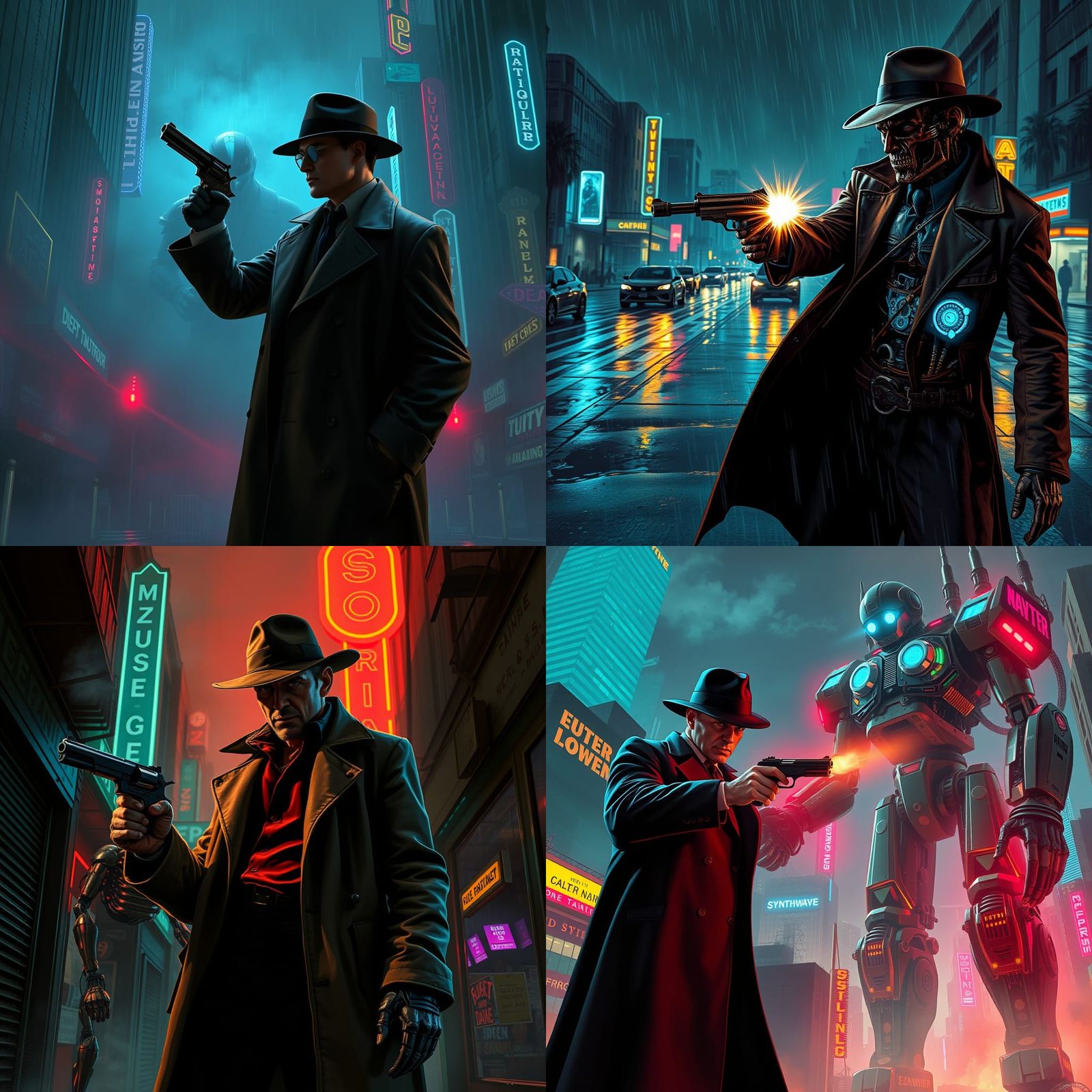 Synthwave Detective Confronts Cyborg in Neon City