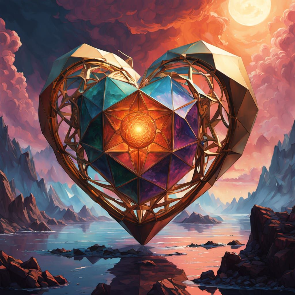 Geometric Heart Floating in Iridescent Nebula