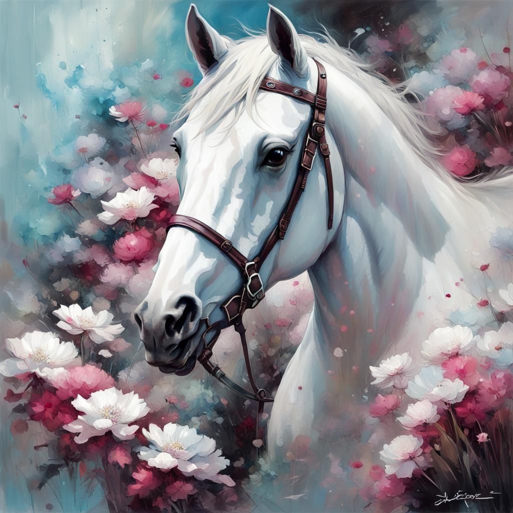 White Horse Surrounded by Flowers, Oil Painting