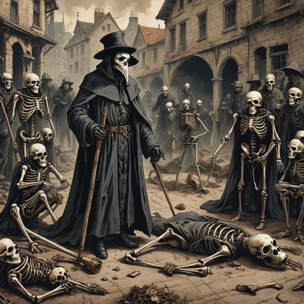 Eerie Plague Doctor with Skeletons
